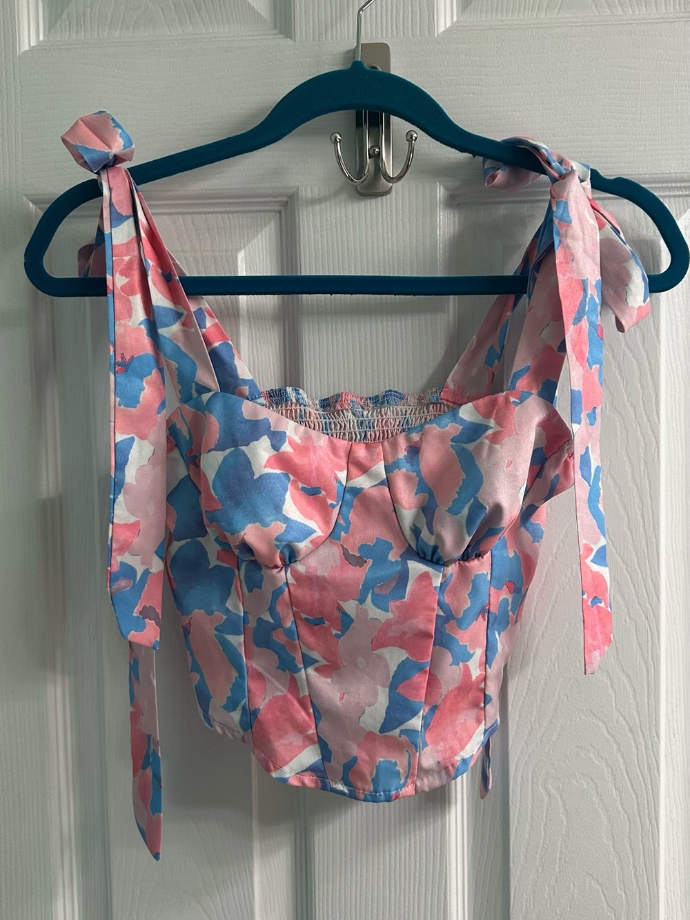 Pink & Blue Floral Tie-Shoulder Bustier Crop Top